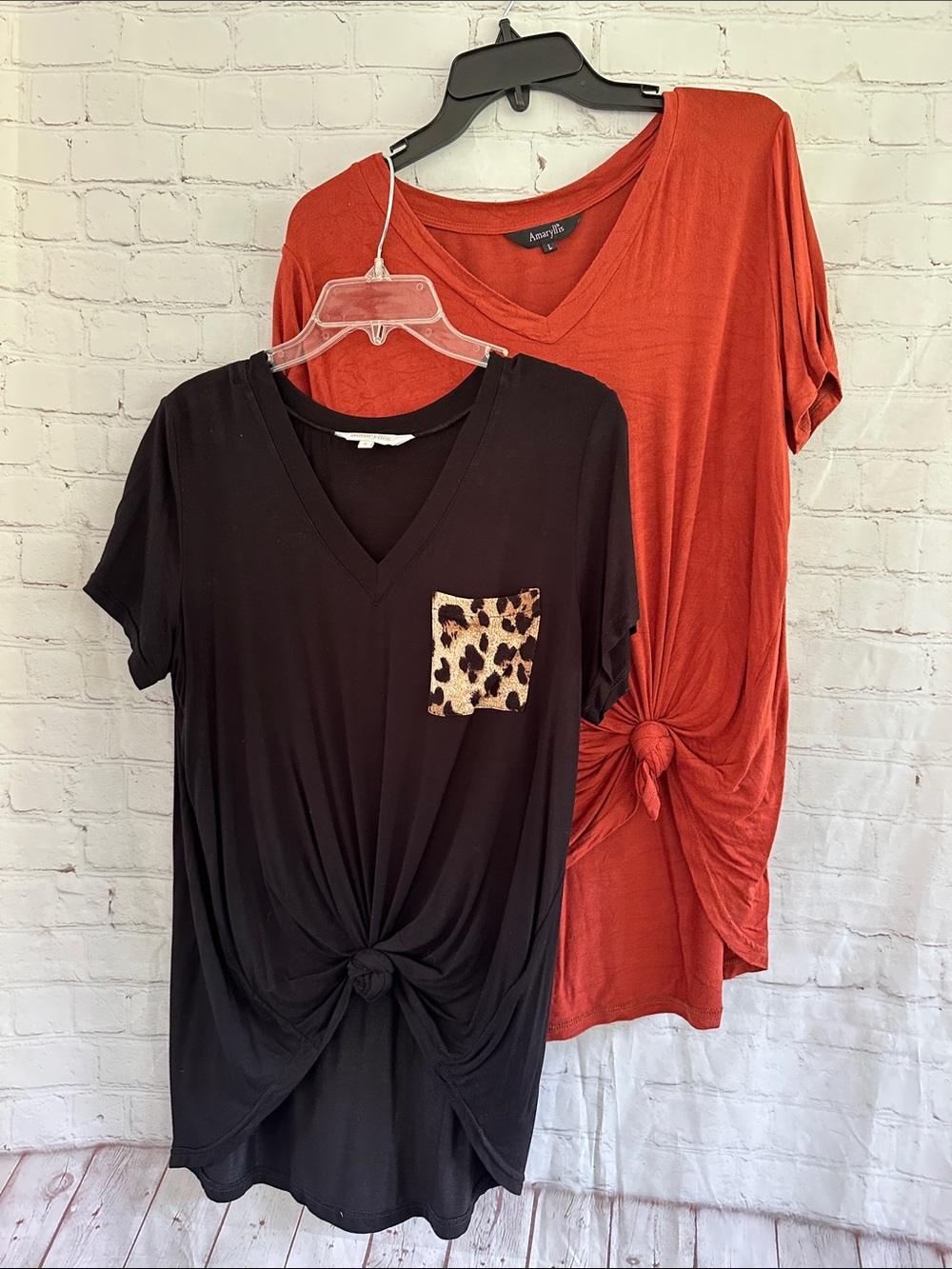 Amaryllis Bundle Black V-Neck Knot Front Top and Rust colored both L